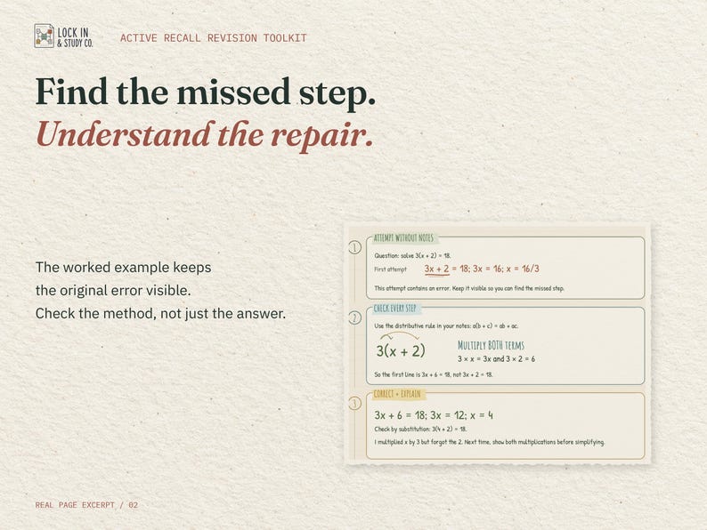Find the missed step. Understand the repair. Steps 1 to 3 of the real One Worked Session page: an attempt at 3(x + 2) = 18, the missed step, and the corrected answer x = 4.