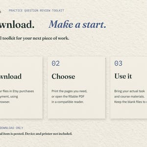 Download. Make a start. Three cards explain downloading the two PDFs through Etsy in a web browser, choosing print or fillable, and using your actual task materials. No physical item is posted.