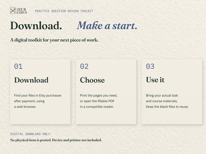 Download. Make a start. Three cards explain downloading the two PDFs through Etsy in a web browser, choosing print or fillable, and using your actual task materials. No physical item is posted.