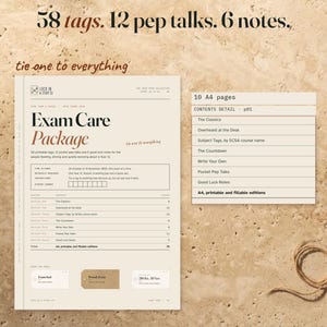 Exam Care Package cover and enlarged contents-table detail on warm stone with rust linen and coiled string. The headline lists 58 tags, 12 pep talks and 6 notes; a label says 10 A4 pages.