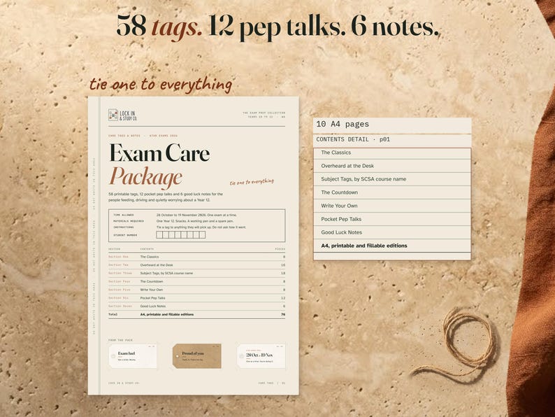 Exam Care Package cover and enlarged contents-table detail on warm stone with rust linen and coiled string. The headline lists 58 tags, 12 pep talks and 6 notes; a label says 10 A4 pages.