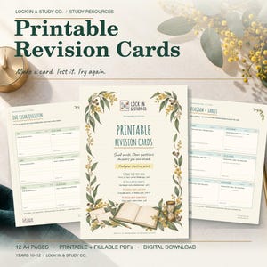 Pode incluir: Três folhas de cartões de revisão imprimíveis com fundos creme e bordas botânicas verdes. A folha central apresenta o texto "Printable Revision Cards" e "Lock In & Study Co." com instruções de uso, enquanto as folhas laterais contêm tabelas para perguntas e respostas.