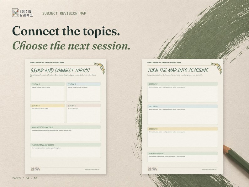 Connect the topics. Choose the next session. The real Group and Connect Topics and Turn the Map into Sessions pages displayed side by side on cream card with eucalyptus green accents.