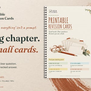 Printable Revision Cards cover on cream card with rust accents. The headline reads Big chapter. Small cards. Includes 12 A4 pages in printable and fillable PDFs for Years 10 to 12. Digital download.