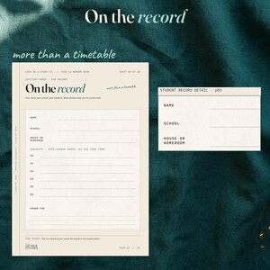 Student record page with name, school, house or homeroom, subjects and Known for spaces. A bordered close view enlarges the record fields on a dark teal linen surface.