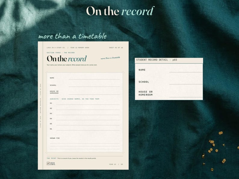 Student record page with name, school, house or homeroom, subjects and Known for spaces. A bordered close view enlarges the record fields on a dark teal linen surface.