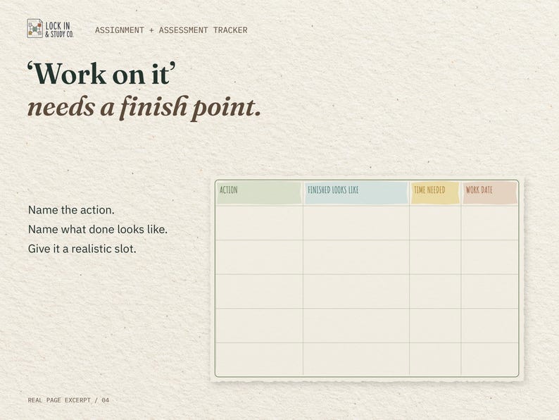 'Work on it' needs a finish point. An enlarged excerpt from the real Turn the Task into Steps page: the complete action-planning table.