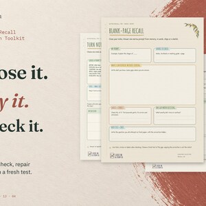 Close it. Try it. Check it. Three real Active Recall Revision Toolkit pages: Blank-Page Recall in front, with the Turn Notes into Questions and Review Again pages behind.