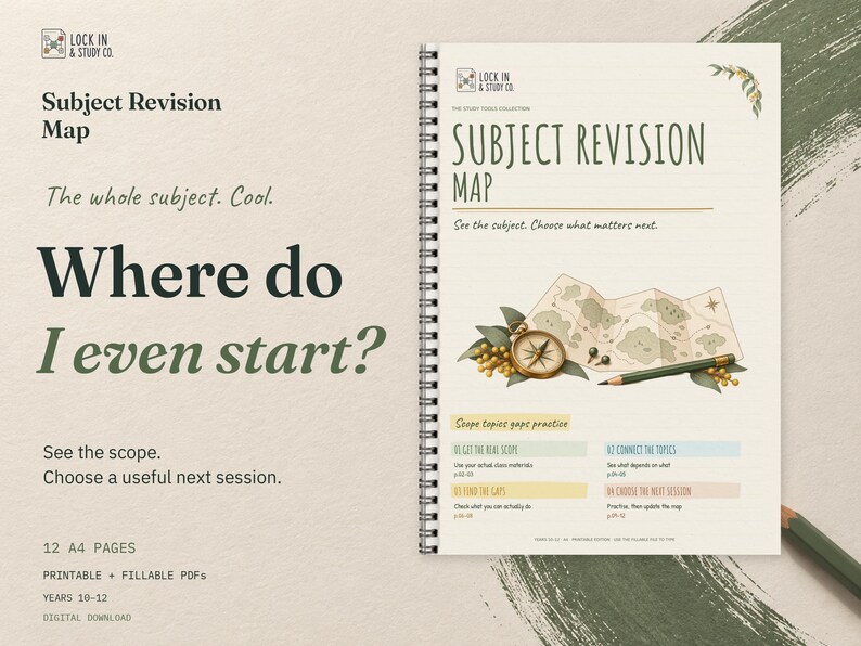 Subject Revision Map cover on cream card with eucalyptus green accents. The headline reads Where do I even start? Includes 12 A4 pages in printable and fillable PDFs for Years 10 to 12. Digital download.