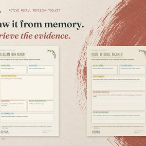Draw it from memory. Retrieve the evidence. The real Diagram from Memory and Quote, Evidence, Argument pages displayed side by side on cream card with terracotta accents.