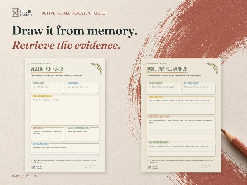 Draw it from memory. Retrieve the evidence. The real Diagram from Memory and Quote, Evidence, Argument pages displayed side by side on cream card with terracotta accents.