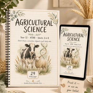 May include: A spiral-bound notebook and a tablet displaying Agricultural Science Year 12 ATAR Units 3 & 4 study notes. The cover features a watercolor illustration of a cow and sheep, a DNA strand, and the text 29 study pages and Lock In & Study Co.