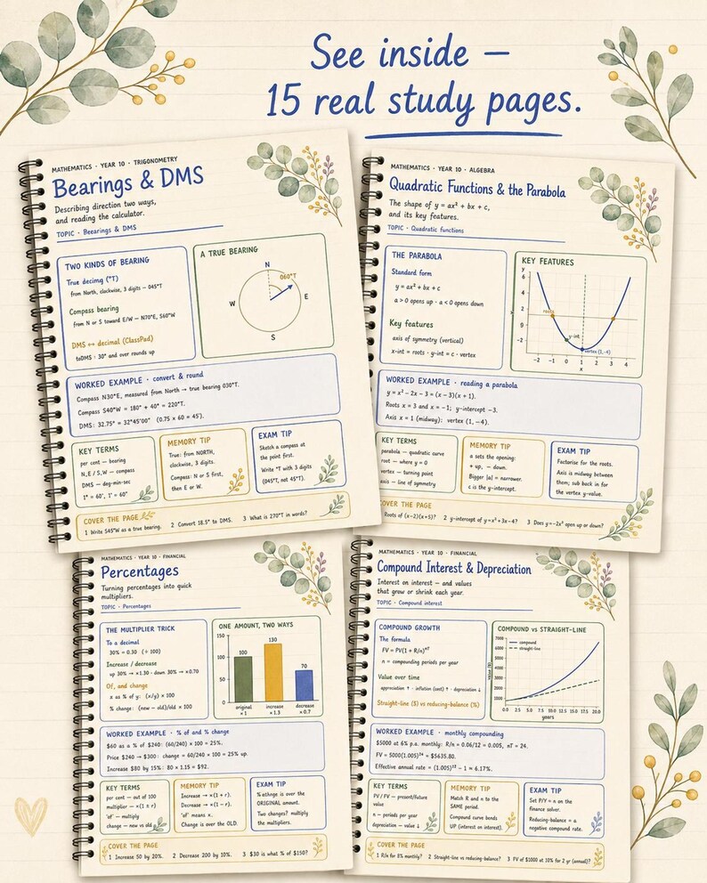 Year 10 Maths Study Notes: 15 Hand-Drawn Pages, Printable PDF