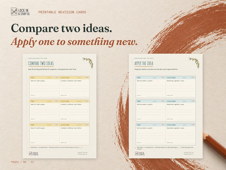 Compare two ideas. Apply one to something new. The real Compare Two Ideas and Apply the Idea pages displayed side by side on cream card with rust accents.