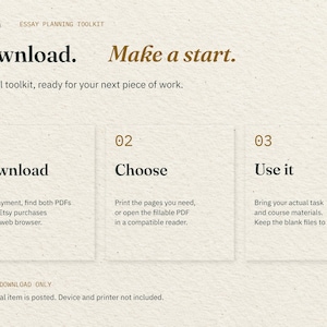 Download. Make a start. Three cards explain downloading the two PDFs through Etsy in a web browser, choosing print or fillable, and using your actual task materials. No physical item is posted.