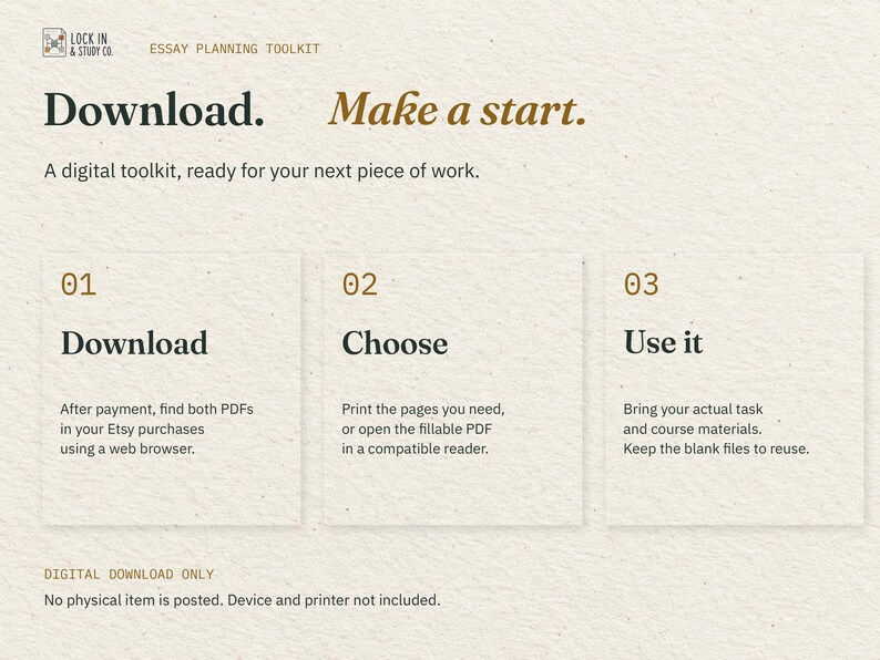 Download. Make a start. Three cards explain downloading the two PDFs through Etsy in a web browser, choosing print or fillable, and using your actual task materials. No physical item is posted.