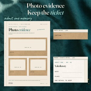 Photo evidence page with three photo spaces, beside an enlarged caption detail and a separate close view of a valedictory moment ticket. The background uses dark teal linen and gold confetti.