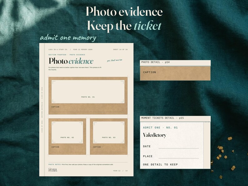 Photo evidence page with three photo spaces, beside an enlarged caption detail and a separate close view of a valedictory moment ticket. The background uses dark teal linen and gold confetti.