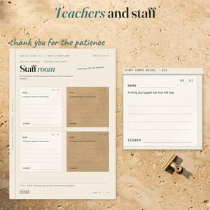 Teachers and staff page with four signature cards, beside an enlarged first card with a name, message prompt and signature space. Teal linen and a gold clip frame the surface.