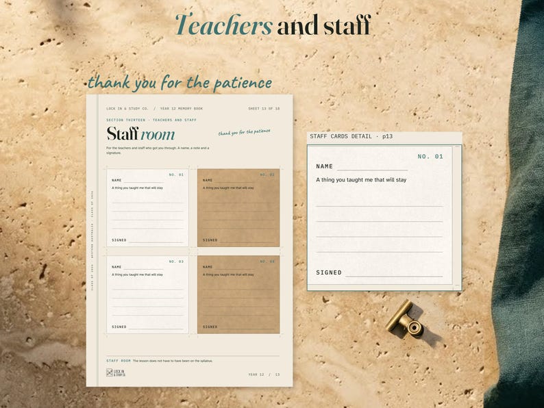 Teachers and staff page with four signature cards, beside an enlarged first card with a name, message prompt and signature space. Teal linen and a gold clip frame the surface.