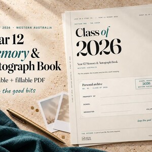 Year 12 Memory and Autograph Book for the Class of 2026, Western Australia: the printable cover on a stone desk with teal linen, a brass pen and instant photos.