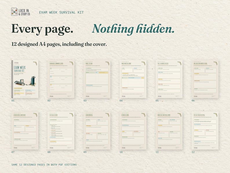 Every page. Nothing hidden. All 12 real A4 pages of the Exam Week Survival Kit, including the cover, arranged in order. The same designed pages come in both PDF editions.