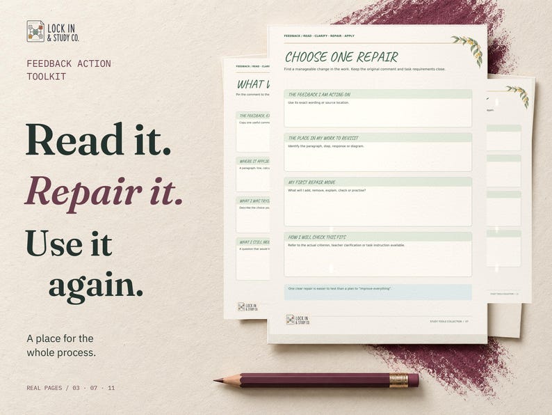 Read it. Repair it. Use it again. Three real Feedback Action Toolkit pages show recording a comment, choosing one repair and applying feedback in the next task.