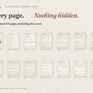 Every page. Nothing hidden. All 14 real A4 pages of the Active Recall Revision Toolkit, including the cover, arranged in order. The same designed pages come in both PDF editions.