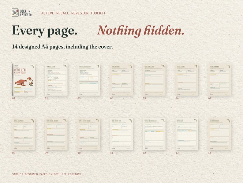 Every page. Nothing hidden. All 14 real A4 pages of the Active Recall Revision Toolkit, including the cover, arranged in order. The same designed pages come in both PDF editions.
