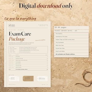 Exam Care Package cover beside an enlarged contents-table detail on stone with rust linen and string. The straight headline says Digital download only, with a 10 A4 pages label.