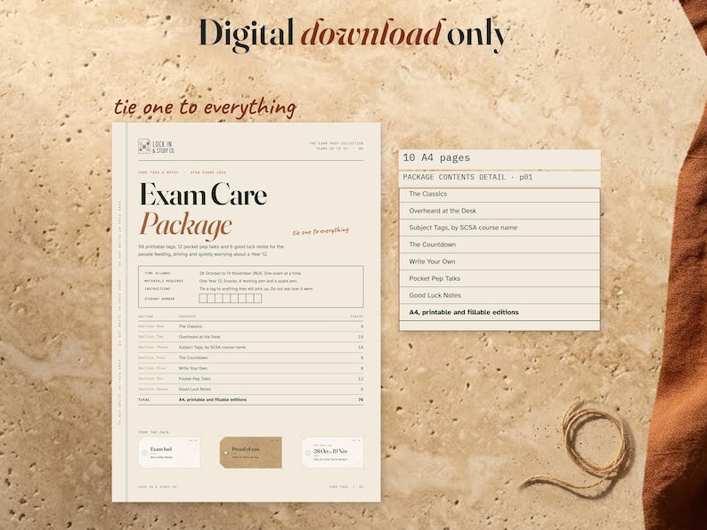 Exam Care Package cover beside an enlarged contents-table detail on stone with rust linen and string. The straight headline says Digital download only, with a 10 A4 pages label.