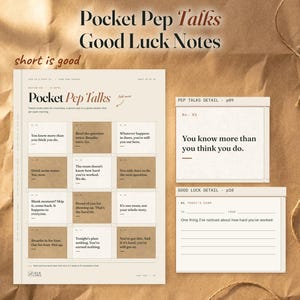 Pocket Pep Talks sheet with twelve notes, beside an enlarged You know more than you think you do note and a separate Good Luck Notes prompt card. Rust linen and coiled string frame the scene.
