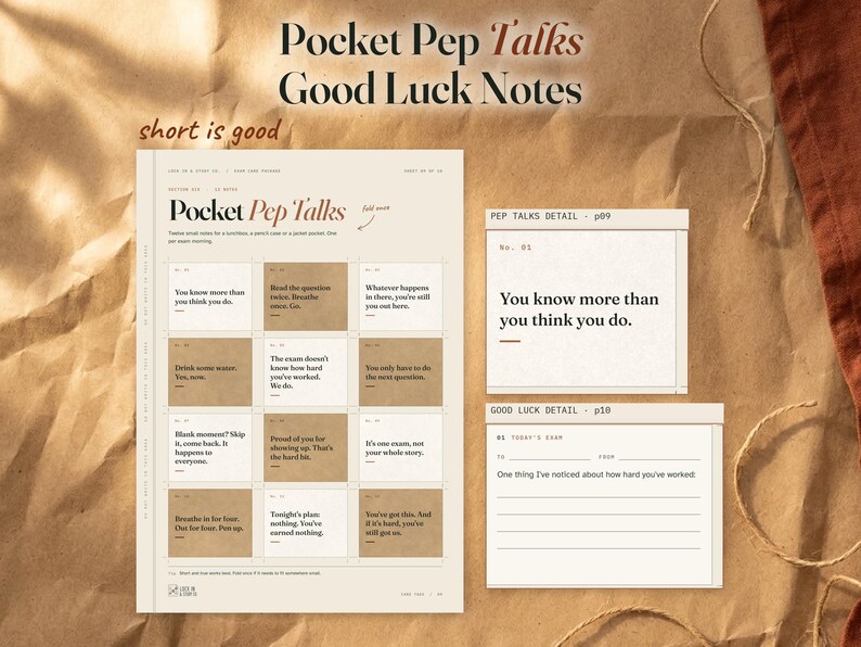 Pocket Pep Talks sheet with twelve notes, beside an enlarged You know more than you think you do note and a separate Good Luck Notes prompt card. Rust linen and coiled string frame the scene.