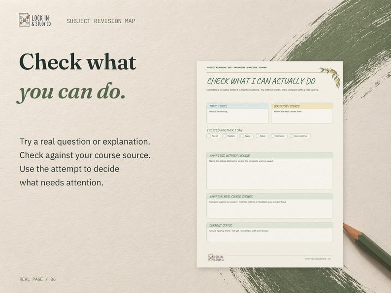 Check what you can do. The real Check What I Can Actually Do page from the Subject Revision Map, on cream card with eucalyptus green accents.