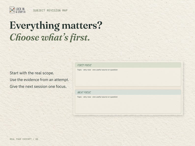 Everything matters? Choose what's first. An enlarged excerpt from the real Choose What Matters First page: the First Focus and Next Focus fields.