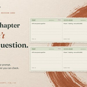A chapter isn't a question. Two complete blank cards from the real One Clear Question sheet, each with a prompt half and a checked-answer half.