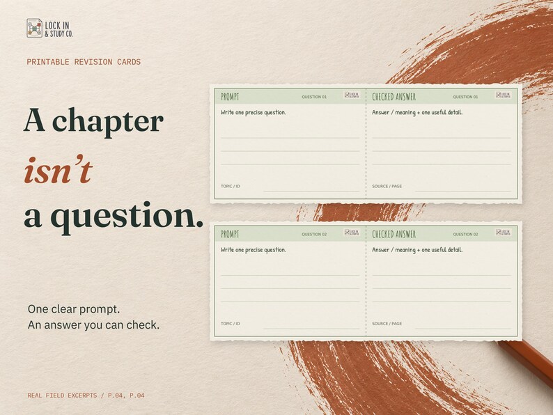 A chapter isn't a question. Two complete blank cards from the real One Clear Question sheet, each with a prompt half and a checked-answer half.