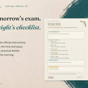 Tomorrow's exam. Tonight's checklist. The real Night Before page from the Exam Week Survival Kit, on cream card with deep teal accents.