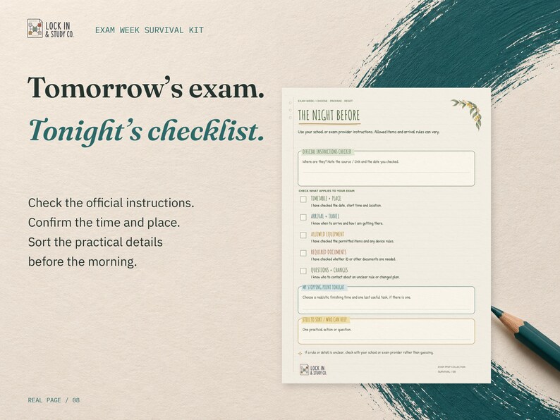 Tomorrow's exam. Tonight's checklist. The real Night Before page from the Exam Week Survival Kit, on cream card with deep teal accents.