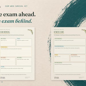 One exam ahead. One exam behind. The real Exam Morning and Between Exams pages displayed side by side on cream card with deep teal accents.