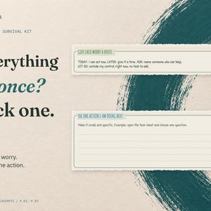 Everything at once? Pick one. Enlarged real fields from the Panic to Plan page: Give Each Worry a Route (today, later, ask or let go) and The One Action I Am Doing Next.