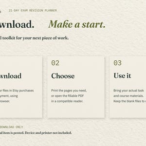Download. Make a start. Three cards explain downloading the two PDFs through Etsy in a web browser, choosing print or fillable, and using your actual task materials. No physical item is posted.