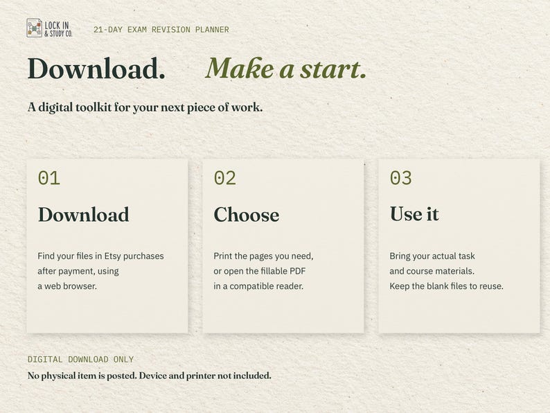 Download. Make a start. Three cards explain downloading the two PDFs through Etsy in a web browser, choosing print or fillable, and using your actual task materials. No physical item is posted.