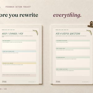 Before you rewrite everything. The real Keep, Change, Ask and Ask a Useful Question pages are displayed side by side on cream card with mulberry accents.