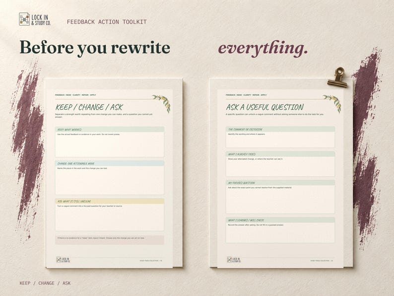 Before you rewrite everything. The real Keep, Change, Ask and Ask a Useful Question pages are displayed side by side on cream card with mulberry accents.