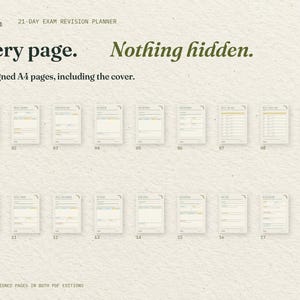 Every page. Nothing hidden. All 17 real A4 pages of the 21-Day Exam Revision Planner, including the cover, arranged in order. The same designed pages come in both PDF editions.