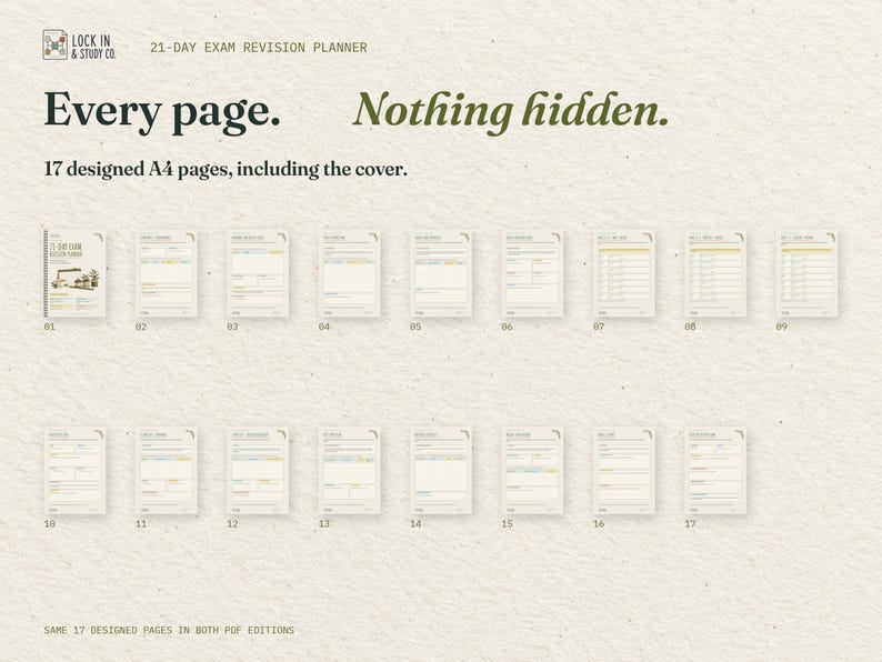 Every page. Nothing hidden. All 17 real A4 pages of the 21-Day Exam Revision Planner, including the cover, arranged in order. The same designed pages come in both PDF editions.