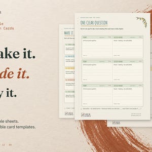 Make it. Hide it. Try it. Three real Printable Revision Cards pages: One Clear Question in front, with the Make It. Fold It. Test It. and Keep the Useful Cards Moving pages behind.