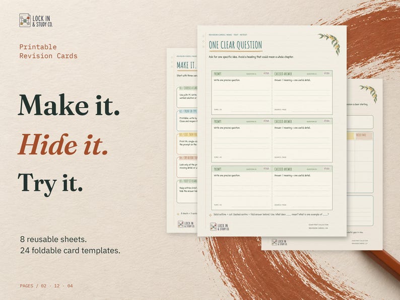 Make it. Hide it. Try it. Three real Printable Revision Cards pages: One Clear Question in front, with the Make It. Fold It. Test It. and Keep the Useful Cards Moving pages behind.
