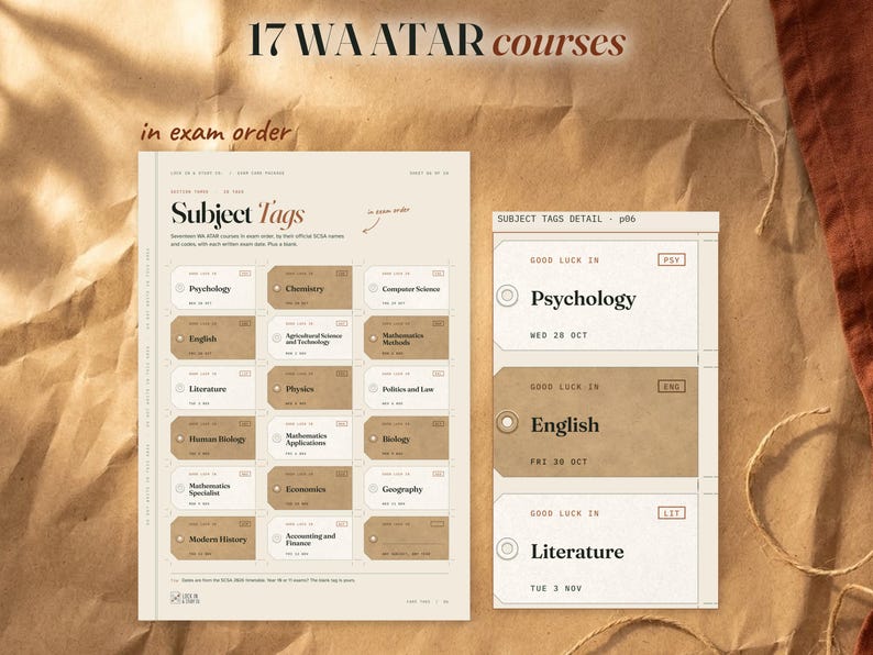Subject Tags sheet beside an enlarged column of WA ATAR subject tags with course names, codes and dates. The page advises checking the student’s own timetable.